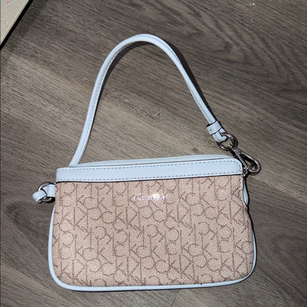 Calvin Klein Beige Logo Jacquard Mini Wristlet with Light Blue Trim